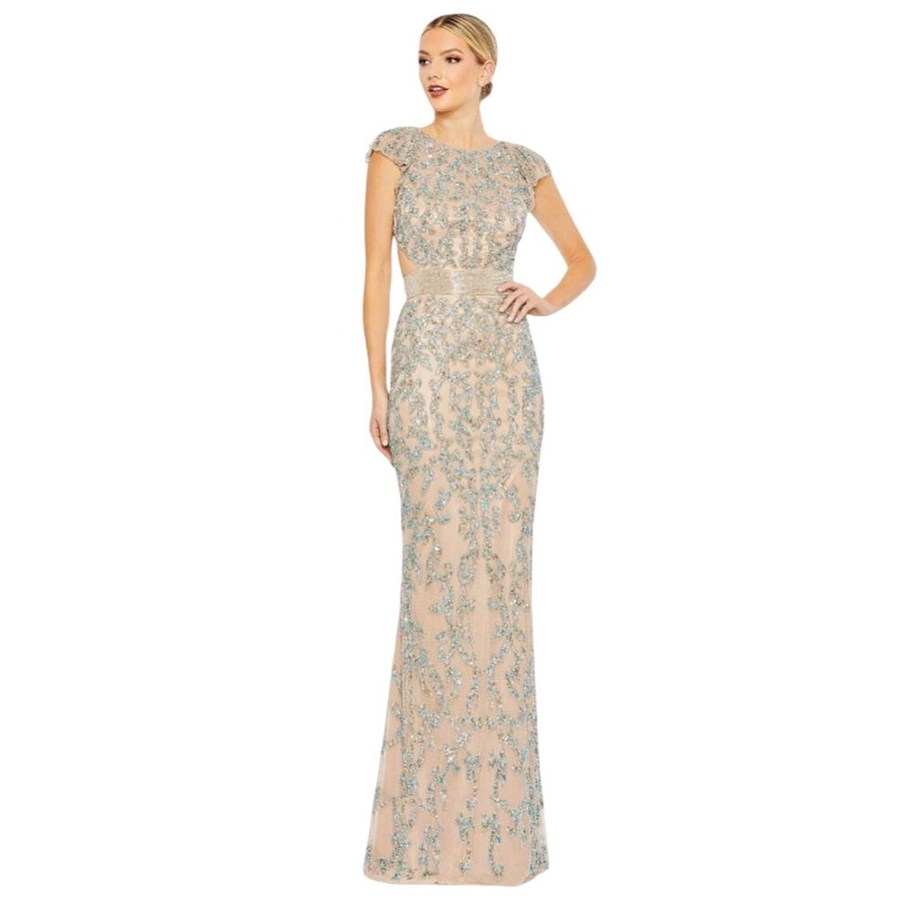 Mac Duggal Embellished Cut Out Lace Up Cap Sleeve Gown 5689 NEW